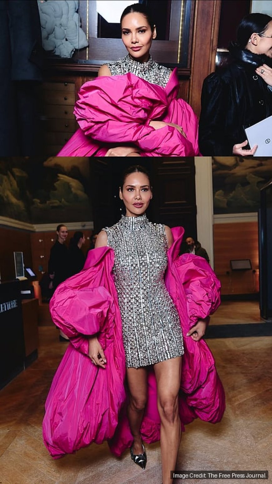 Esha Gupta Is A Modern Barbie In Metallic Mini Dress, Dramatic Pink Cape In Paris
